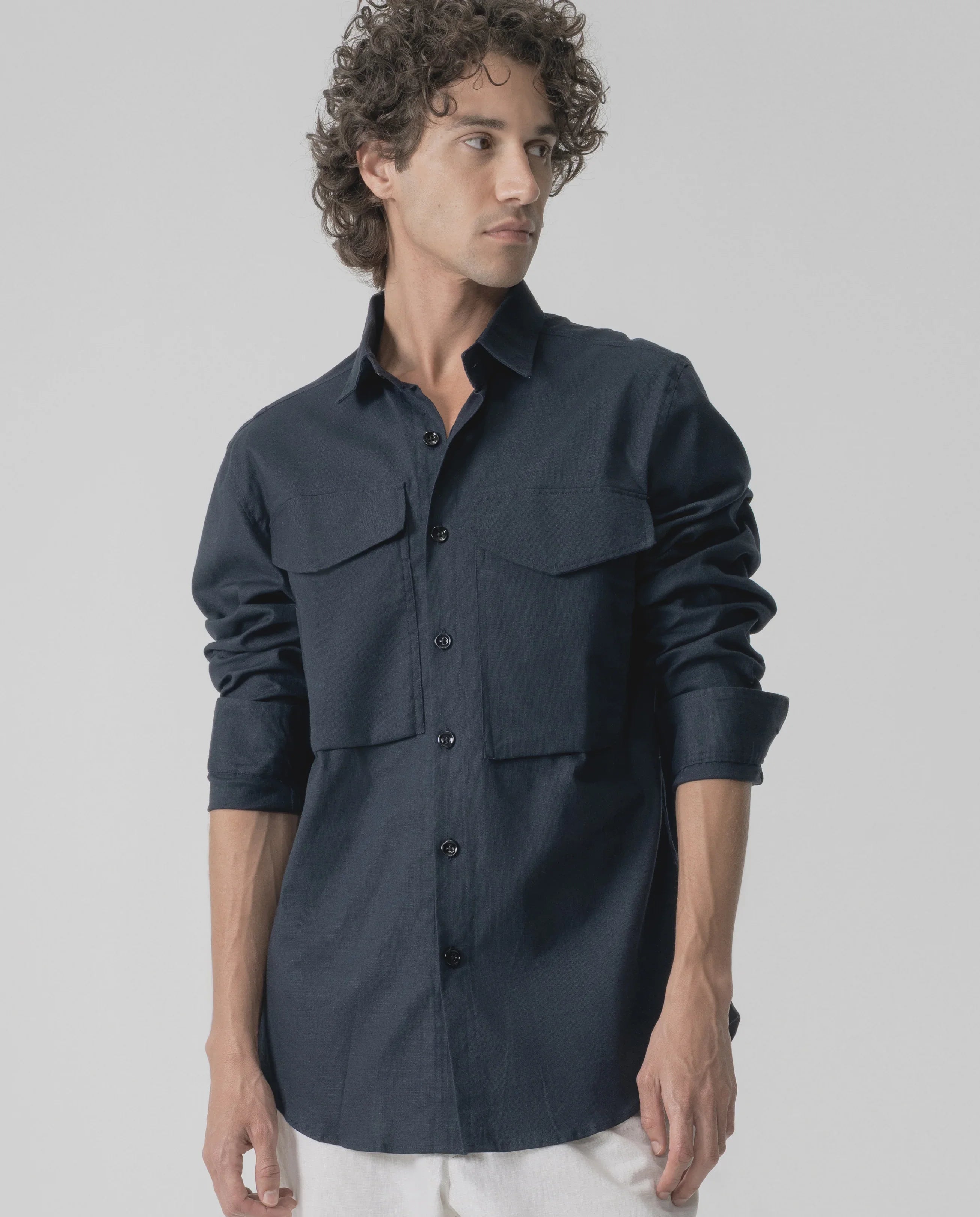 Relaxed Fix Shirt With Double Side Pocket-Black