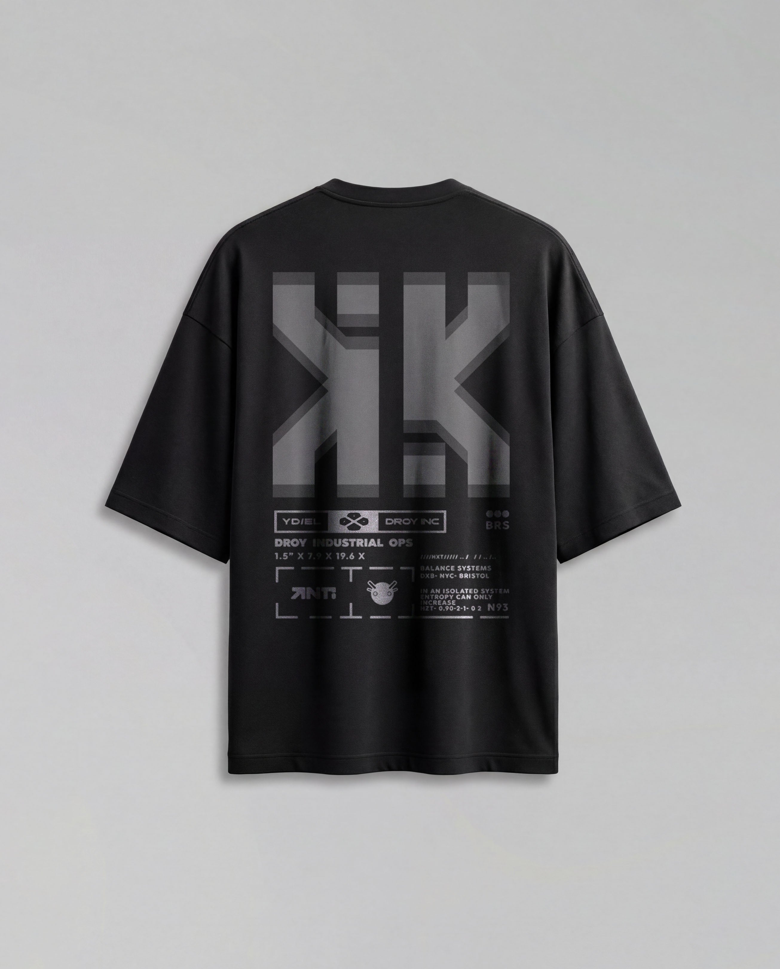 Black t-shirt with a logo and text on the back against a light gray background