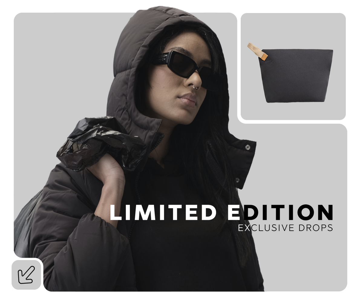 Person wearing a black hooded jacket with sunglasses, with a limited edition product on a gray background.