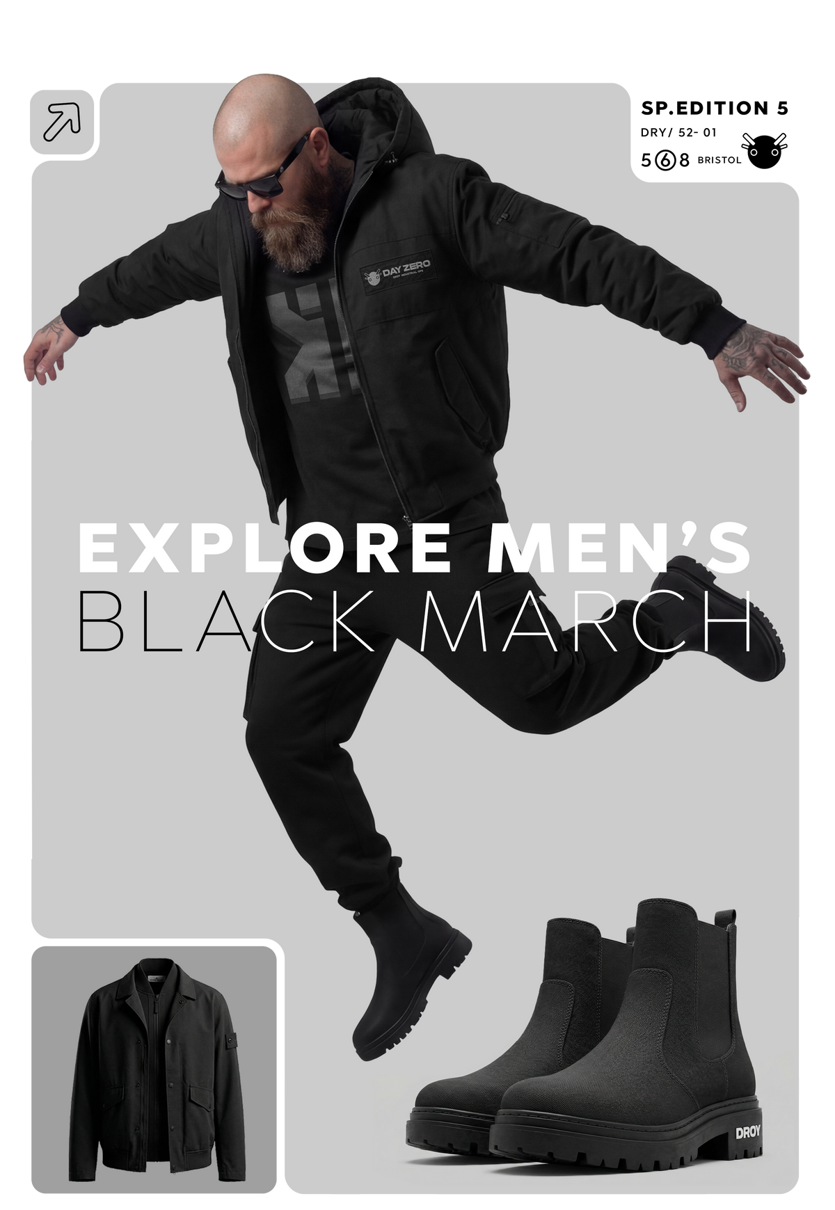 Man in black outfit with text 'Explore Men's Black March' and product images.