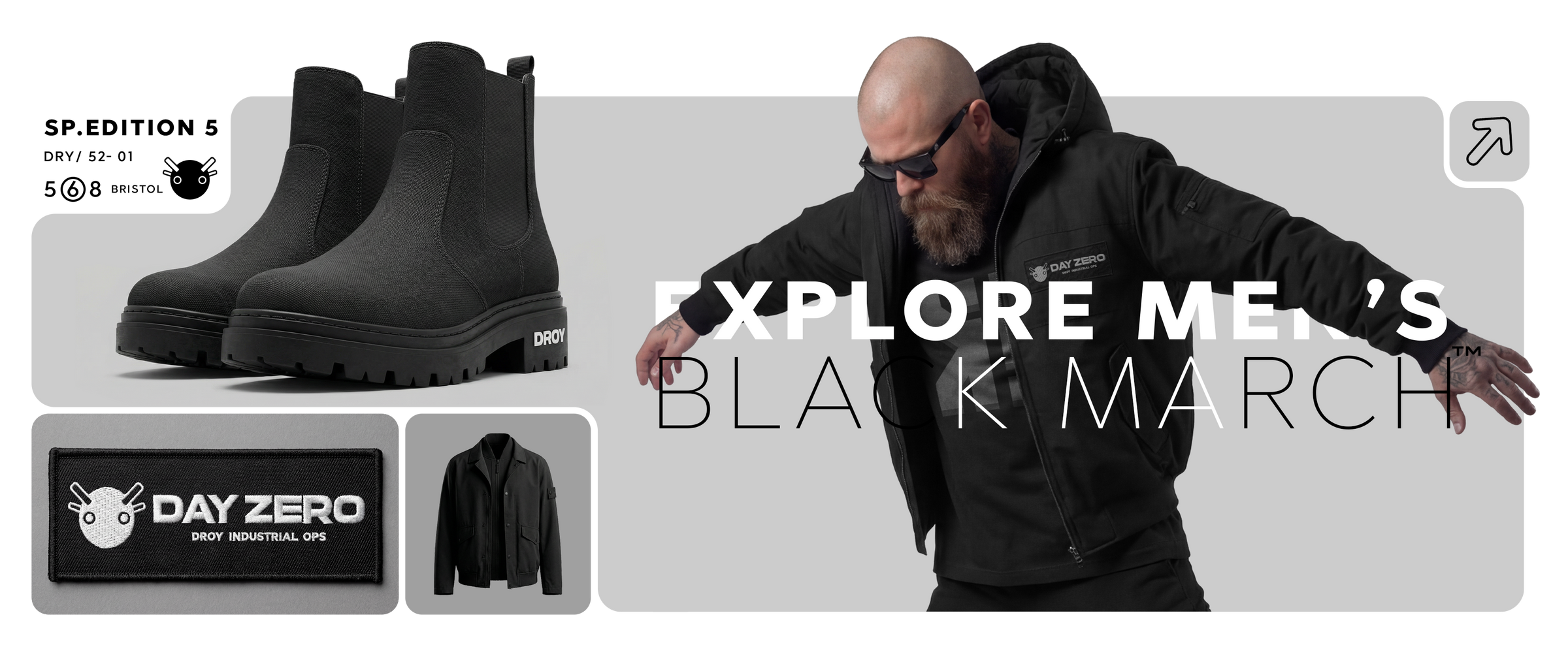 Promotional banner for men's black march with a person wearing sunglasses and a black jacket, featuring black boots and clothing.